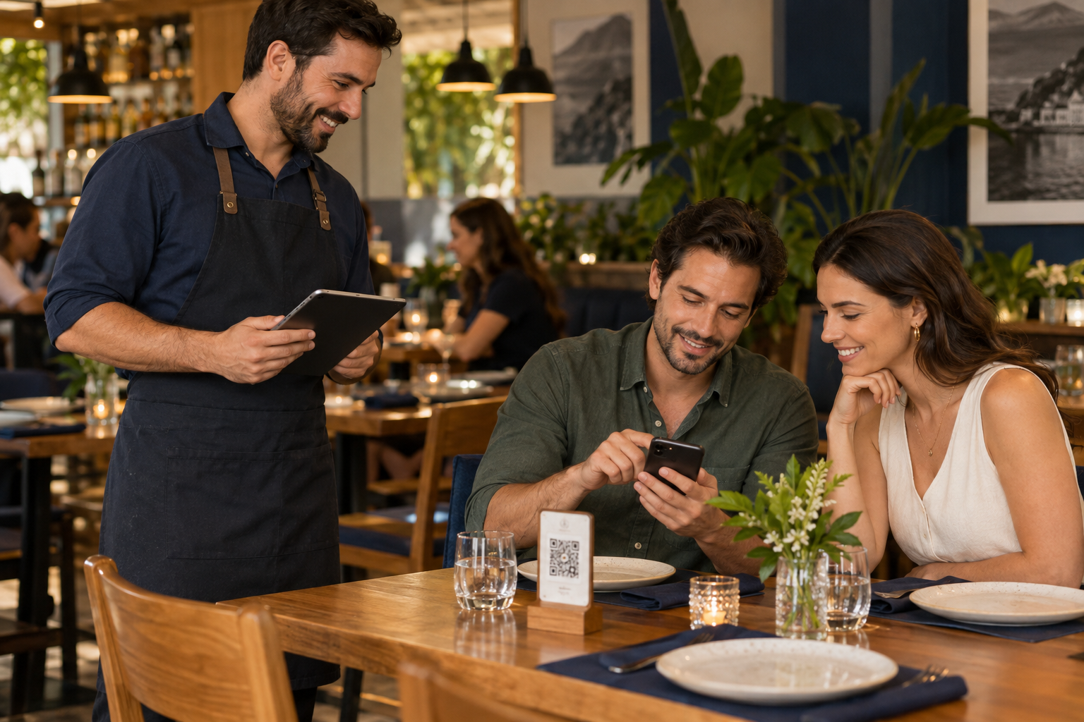 Garçom com tablet atendendo clientes que consultam o celular à mesa.