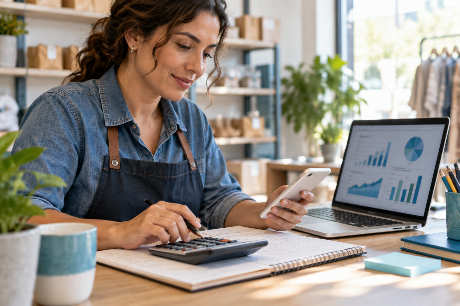Pessoa conferindo informações financeiras com notebook, calculadora e celular.