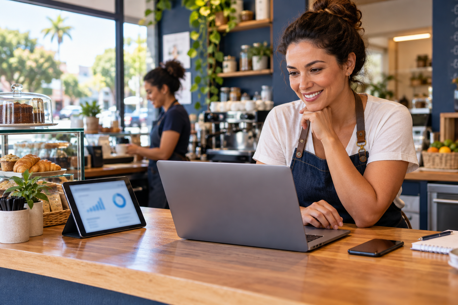 Comerciante usando um notebook no balcão de uma cafeteria.